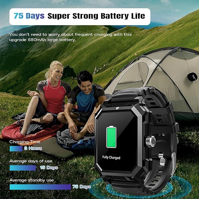 Indestructible Smart Watch for Men Android iOS Phones (Answer/Make Call) 680mAh IP69 Waterproof Military Rugged Tactical Smartwatch Fitness Tracker Watch With Heart Rate Blood Pressure Sleep Monitor