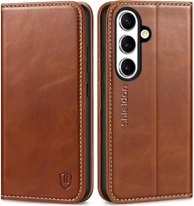 SHIELDON Case for Galaxy S25 6.2", Genuine Leather Flip Wallet Book Case Magnetic RFID Blocking Credit Card Holder Kickstand Shockproof Cover Compatible with Galaxy S25 5G 2025 - Retro Brown