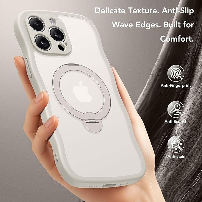 GolbinBox for iPhone 14 Pro Case for Women,[Compatible with Magsafe][360° Spin Magnetic Stand][Cute Wave Edge][Military-Grade Protection] Translucent Matte Phone Case for iPhone 14 Pro, Stone