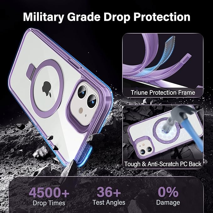 Magnetic Case for iPhone 12/12 Pro - [Built-in Invisible Stand] [Compatible with MagSafe] [Military Grade Drop Protection] Anti-Yellowing Hard Back Silicone Edge Cover, 6.1", Clear Purple