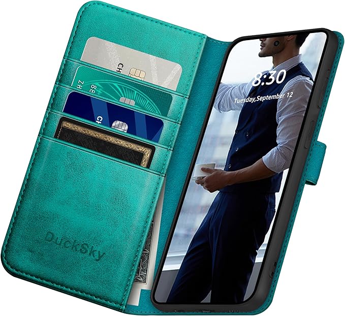 compatible with Samsung Galaxy S25 Ultra Genuine Leather Wallet case【RFID Blocking】【4 Credit Card Holder】【Real Leather】Flip Folio Book Phone case Cover Women Men for S25 Ultra case Blue Green
