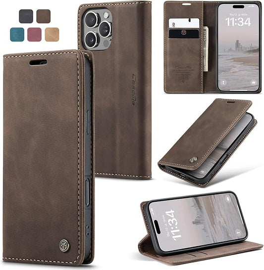 for iPhone 16 Pro Case, Flip Wallet Leather Case with Card Holder Magnetic Closure Shockproof Kickstand Protective Phone Cases Cover for iPhone 16 Pro, Coffee