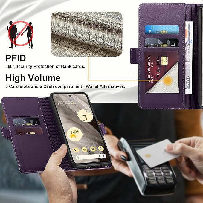 Wallet Flip Case for Google Pixel 7A - [RFID Blocking] Luxury PU Leather Card Holder Magnetic Phone Cover with Kickstand,Shockproof Protective Case,Purple
