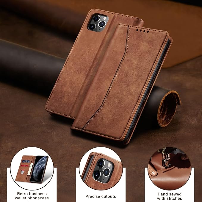 Jasonyu Flip Wallet Case for iPhone 11 Pro Max,Leather Magnetic Folio Cover with Card Holder,Kickstand - TPU Shockproof Durable Protective Phone Case,Brown