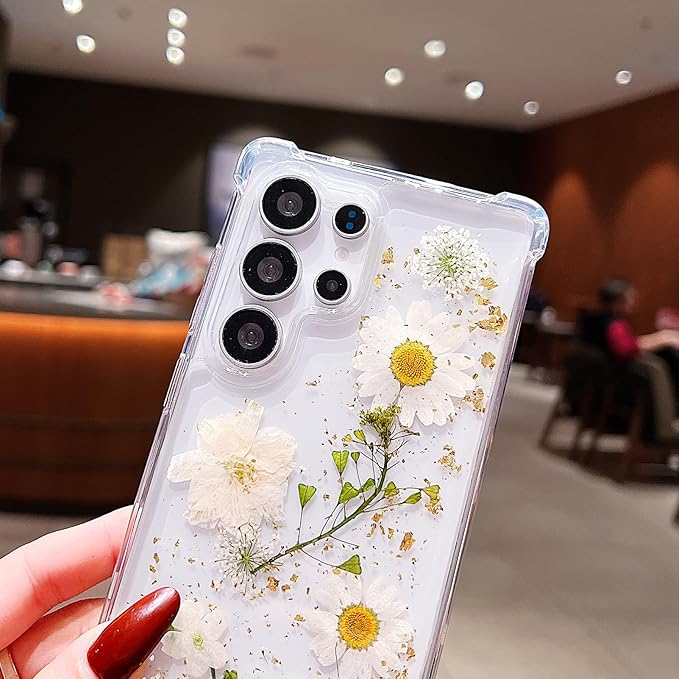 Compatible with Samsung Galaxy S25 Ultra Case Cute Pressed Dried Real Flowers Design Women Girly Shockproof Glitter Floral Clear Phone Cover for Galaxy S25 Ultra (White Flower)