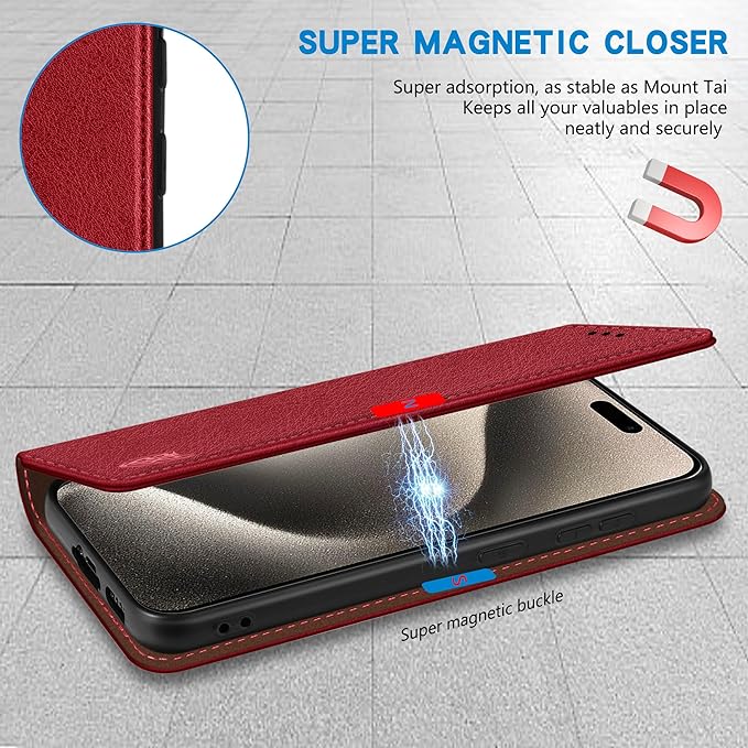 ZZXX for iPhone 15 Pro Max Wallet Case with [RFID Blocking] Card Slot Stand Strong Magnetic Leather Flip Fold Protective Phone Case for iPhone 15 Pro Max Case Wallet(Red-6.7 inch)