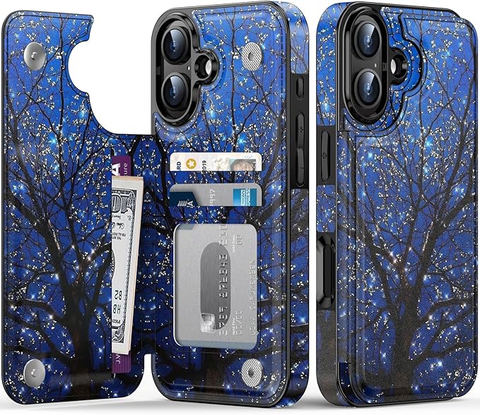 FUNMIKO for iPhone 16 Wallet Case with Card Holder, RFID-Blocking, Military-Grade Protection & UV-Printed Artwork, Magnetic Closure with Leather Kickstand - Dreamy Wishing Tree