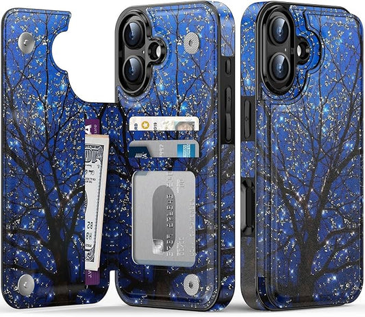 FUNMIKO for iPhone 16 Wallet Case with Card Holder, RFID-Blocking, Military-Grade Protection & UV-Printed Artwork, Magnetic Closure with Leather Kickstand - Dreamy Wishing Tree