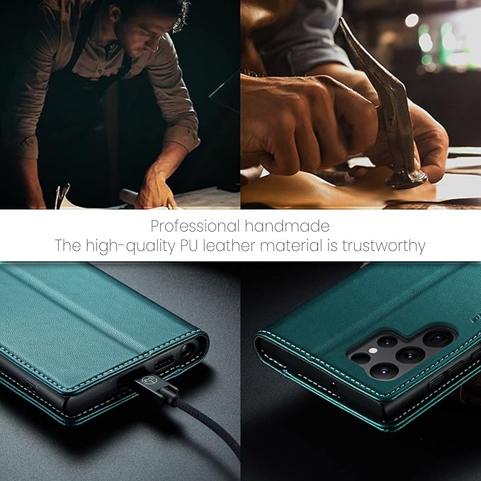 AUPAI for Samsung Galaxy S23 Ultra Wallet Case with Credit Card Holder, PU Leather RFID Blocking Folio Flip Kickstand Magnetic Clasp Protective Phone Cover for Women Men Cyan