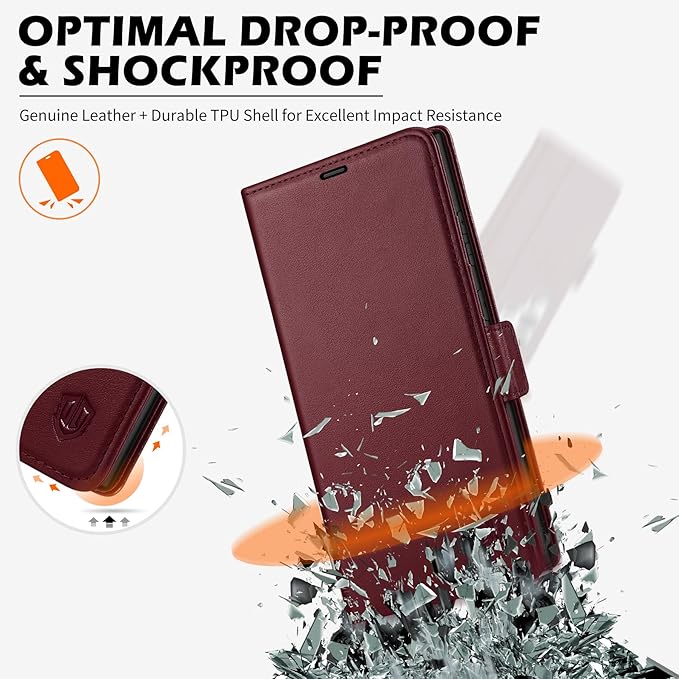 SHIELDON Wallet Case for Galaxy S25 Ultra 6.9", Genuine Leather Folio Magnetic Wallet Cover RFID Blocking Credit Card Holder Kickstand Shockproof Case Compatible with Galaxy S25 Ultra - Nappa Wine Red