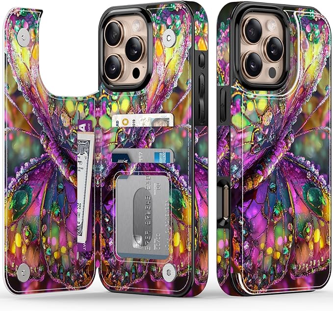 FUNMIKO for iPhone 16 Pro Wallet Case with Card Holder, RFID-Blocking, Military-Grade Protection & UV-Printed Artwork, Magnetic Closure with Leather Kickstand - Vibrant Elegant Butterfly