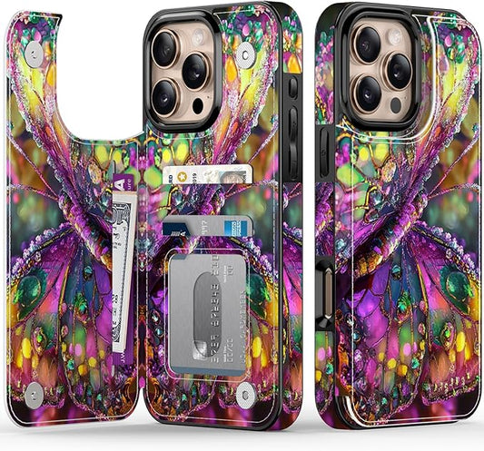 FUNMIKO for iPhone 16 Pro Wallet Case with Card Holder, RFID-Blocking, Military-Grade Protection & UV-Printed Artwork, Magnetic Closure with Leather Kickstand - Vibrant Elegant Butterfly