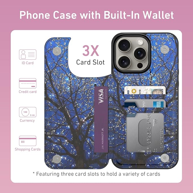 FUNMIKO for iPhone 15 Pro Wallet Case with Card Holder, RFID-Blocking, Military-Grade Protection & UV-Printed Artwork, Magnetic Closure with Leather Kickstand - Dreamy Wishing Tree