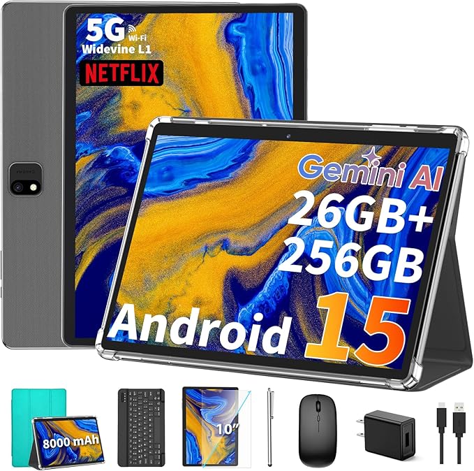 2025 Android 15 Tablet with Keyboard, 26GB(6+20)RAM+256 Storage(Expand to 2TB), 8000mAh Battery, Widevine L1, 10 Inch 2-in-1 Tablets with 5G/2.4G WiFi, BT5.0, GMS Certified, Mouse, Case, Stylus(Green)