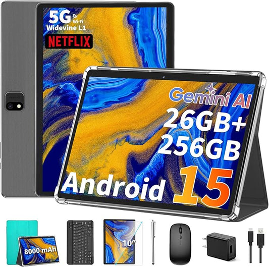 2025 Android 15 Tablet with Keyboard, 26GB(6+20)RAM+256 Storage(Expand to 2TB), 8000mAh Battery, Widevine L1, 10 Inch 2-in-1 Tablets with 5G/2.4G WiFi, BT5.0, GMS Certified, Mouse, Case, Stylus(Green)