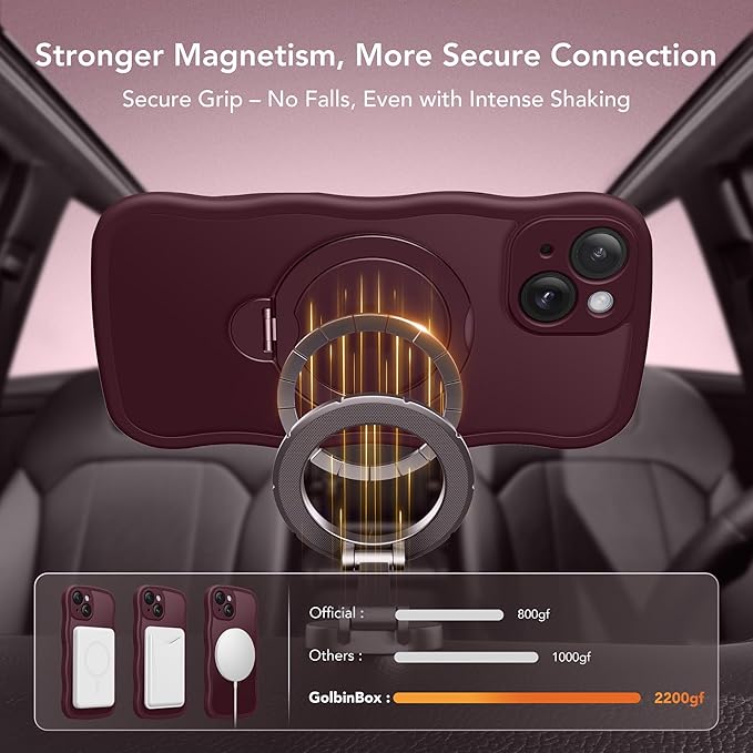 GolbinBox for iPhone 15 Case for Women,[Compatible with Magsafe][360° Spin Magnetic Stand][Cute Wave Edge][Military-Grade Protection] Translucent Matte Phone Case for iPhone 15, Wine Red