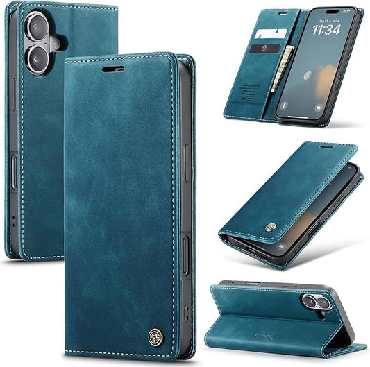 for iPhone 17 Case, Flip Wallet Leather Case with Card Holder Magnetic Closure Shockproof Kickstand Protective Phone Cases Cover for iPhone 17, Blue-Green