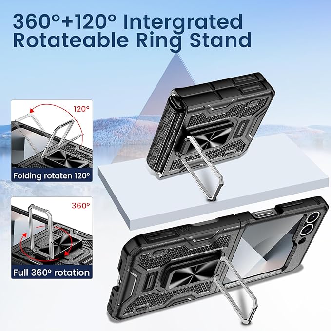 VEGO for Galaxy Z Flip 6 Case, 360° Rotatable Ring Kickstand & Belt Clip Holster & Tempered Glass Camera Screen Protector & Hinge Protection, Shockproof Case for Samsung Flip 6 5G - Black