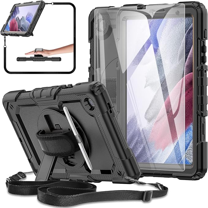 Case for Samsung Galaxy Tab A7 Lite 8.7-inch Tablet Case 2021 [with Tempered Glass Screen Protector], Rotatable Kickstand, S Pen Holder, Hand/Shoulder Strap (Black)