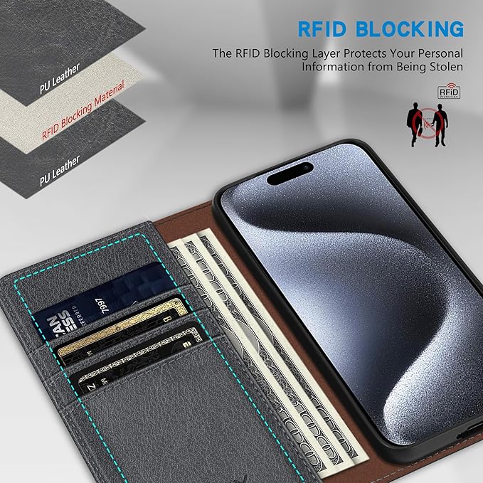 ZZXX for iPhone 15 Pro Wallet Case with [RFID Blocking] Card Slot Stand Strong Magnetic Leather Flip Fold Protective Phone Case for iPhone 15 Pro Case Wallet(Grey-6.1 inch)