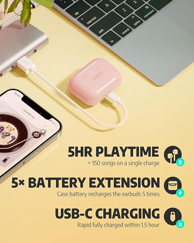 AIHOOR Wireless Earbuds for Music and Sports, Bluetooth 5.3 in-Ear Headphones with Extra Bass Built-in Mic Touch Control 30hr Battery Earphones, Waterproof (Pink)
