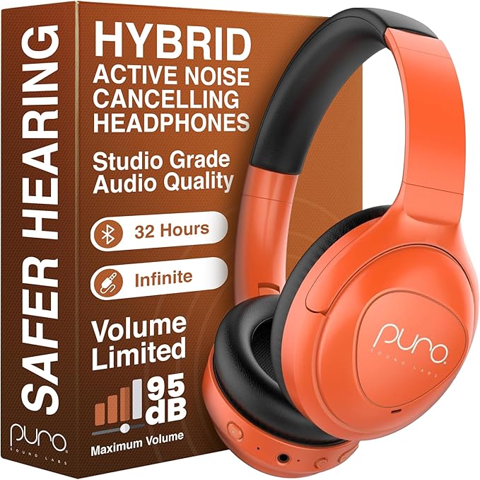 Puro Sound Labs PuroPro Hybrid Active Noise Cancelling Headphones, Volume Limiting, Hi-Res Audio, 32h Playtime, Wireless Over Ear Headphones with Mic, Comfortable Fit, Ideal for Travel & Work – Orange