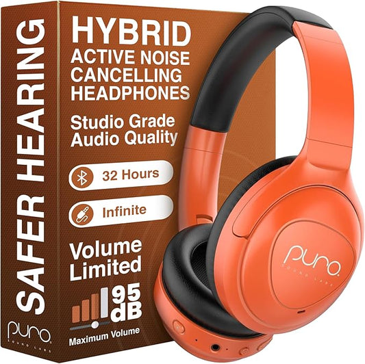Puro Sound Labs PuroPro Hybrid Active Noise Cancelling Headphones, Volume Limiting, Hi-Res Audio, 32h Playtime, Wireless Over Ear Headphones with Mic, Comfortable Fit, Ideal for Travel & Work – Orange