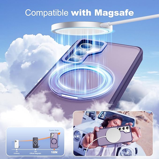 for Samsung Galaxy S23 Plus Case with 360°Rotatable Magnetic Ring Stand Compatible with Mag-Safe Military Protection Matte Translucent Phone Cases for Galaxy S23 Plus,Purple