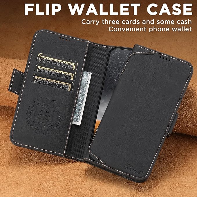 Leather Magnetic Wallet Case for iPhone 17 Compatible with MagSafe & Wireless Charging, 3 Card Slots & ID Holder, Kickstand, 360° Military Shockproof Protection Premium Black