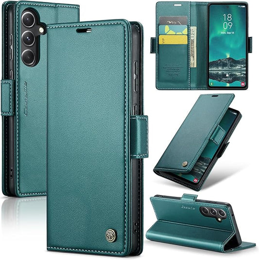 AUPAI for Samsung Galaxy S23 FE Wallet Case with Credit Card Holder, PU Leather RFID Blocking Folio Flip Kickstand Magnetic Clasp Protective Phone Cover for Women Men Cyan