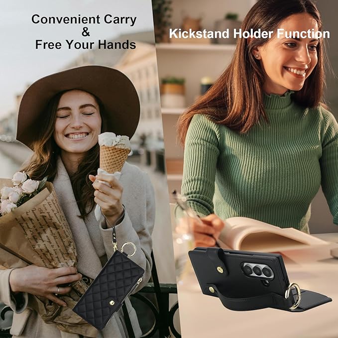 KIHUWEY for Galaxy Z Fold 7 Wallet Case with Card Holder Premium Leather Magnetic RFID Blocking Shockproof Zipper Wrist Strap Lanyard Cover for Samsung Galaxy Z Fold 7 8.0 Inch (Black)