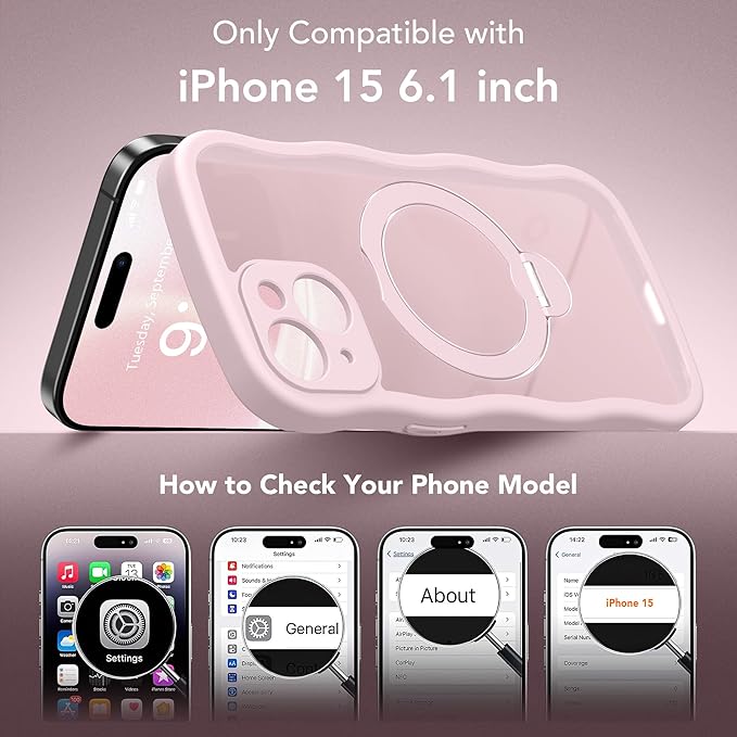 GolbinBox for iPhone 15 Case for Women,[Compatible with Magsafe][360° Spin Magnetic Stand][Cute Wave Edge][Military-Grade Protection] Translucent Matte Phone Case for iPhone 15, Chalk Pink