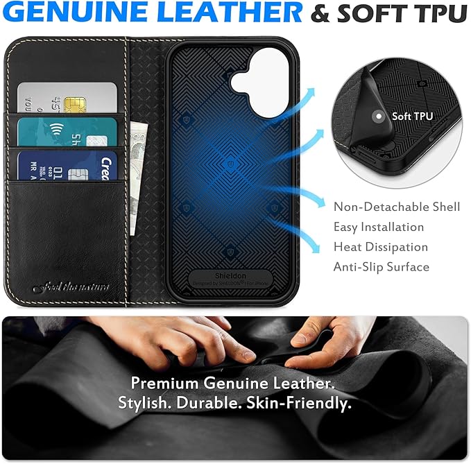 SHIELDON Case for iPhone 16 6.1" 2024, Genuine Leather Flip Wallet Case Magnetic RFID Blocking Card Holder Kickstand Shockproof TPU Protective Phone Cover Compatible with iPhone 16 - Retro Black