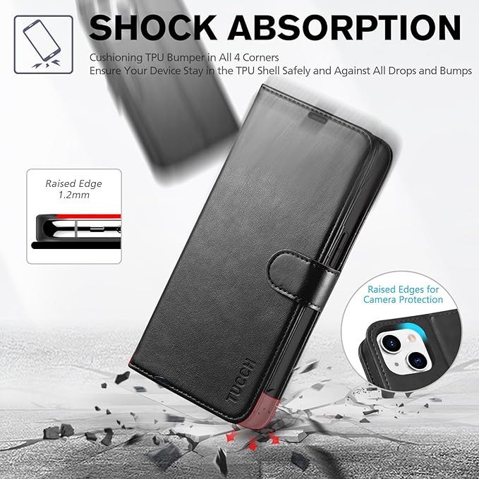 TUCCH Case Wallet for iPhone 14, [RFID Blocking] 4 Card Holder Stand [Shockproof TPU Interior Shell], PU Leather Magnetic Protective Flip Cover 6.1" 2022, Black