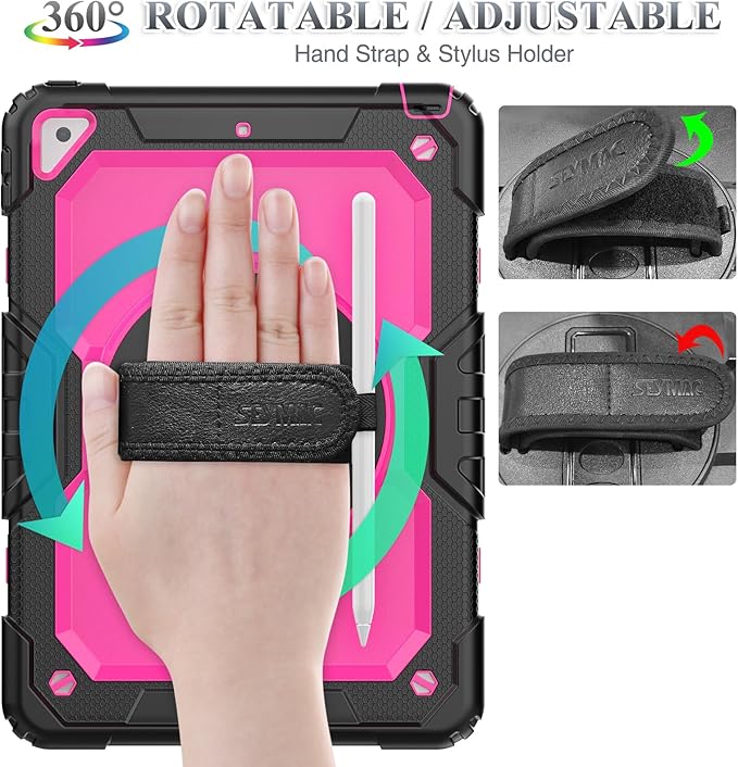 SEYMAC stock Case for iPad Air 3 2019 / Pro 10.5'' with Screen Protector Pen Holder [360° Rotate Hand Strap/Stand], Drop-Proof Case (Rose+Black)