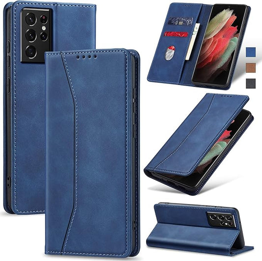Jasonyu Flip Wallet Case for Samsung Galaxy S21 Ultra 5G,Leather Magnetic Folio Cover with Card Holder,Kickstand - TPU Shockproof Durable Protective Phone Case,Blue