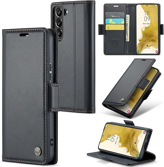 Case for Samsung Galaxy S22 Wallet Case, RFID Blocking PU Leather Flip Folio Cover Card Holder Kickstand Shockproof Phone Case Compatible with Samsung Galaxy S22, Black