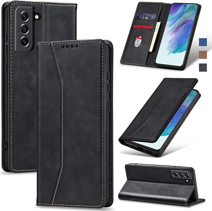 Jasonyu Flip Wallet Case for Samsung Galaxy S21 FE,Leather Magnetic Folio Cover with Card Holder,Kickstand - TPU Shockproof Durable Protective Phone Case,Black