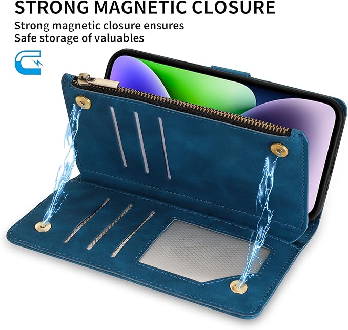 ZZXX for iPhone 14 Plus Case Wallet with [RFID Blocking] Card Slot Premium Soft PU Leather Zipper Flip Folio with Wrist Strap Kickstand Protective Cover for iPhone 14 Plus Wallet Case(Blue-6.7 inch)