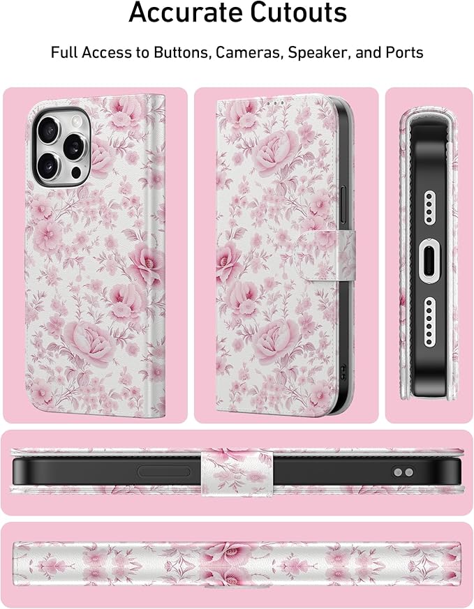 DEENAKIN for iPhone 15 Pro Wallet Case with Card Holder + Cash Clip, RFID-Blocking, Military-Grade Drop Protection, Magnetic Closure with Leather Kickstand - Blooming Pink Roses