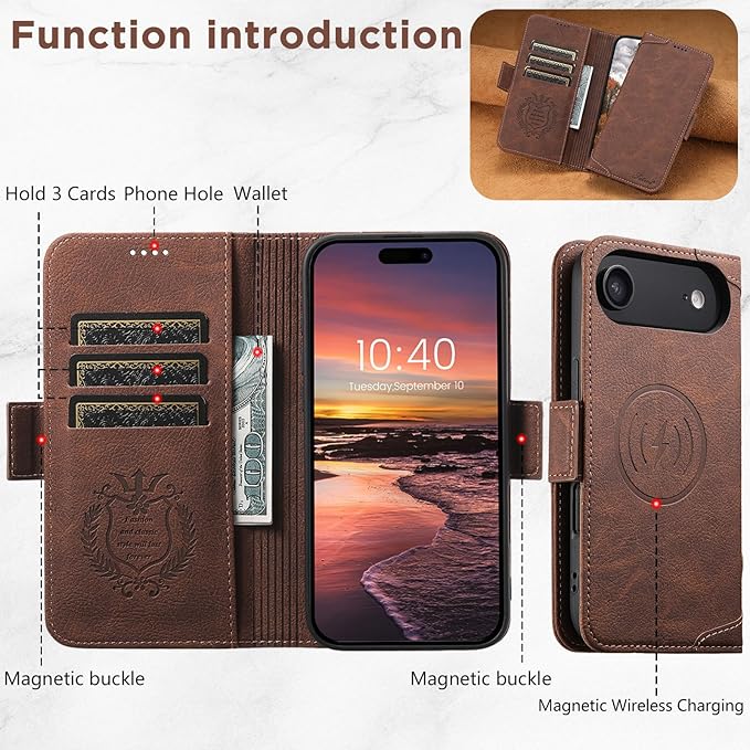 Leather Magnetic Wallet Case for iPhone 17 Compatible with MagSafe & Wireless Charging, 3 Card Slots & ID Holder, Kickstand, 360° Military Shockproof Protection Premium Brown