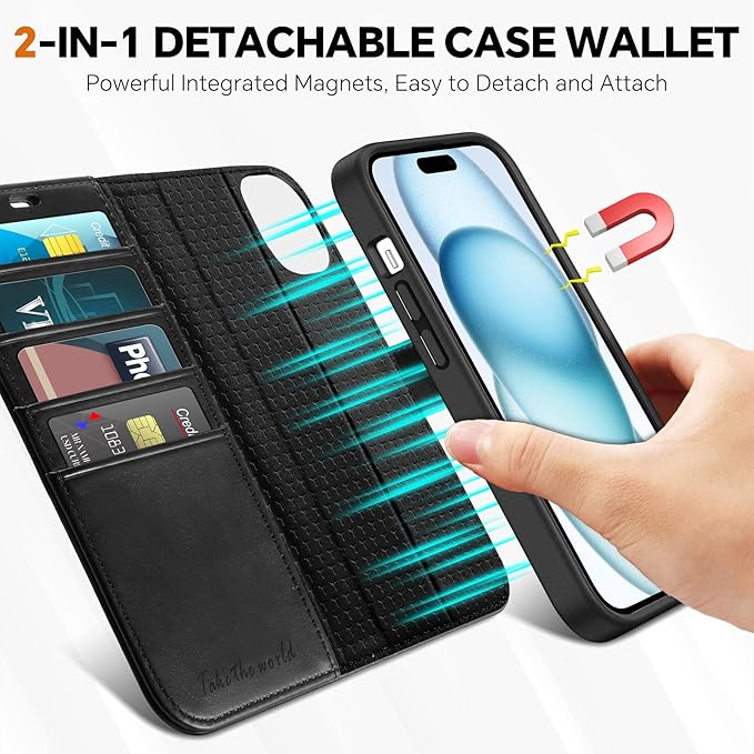 TUCCH Detachable Case Wallet for iPhone 15 Plus, Stand RFID Blocking 4 Card Slot Wireless Charging Shockproof Case, Black