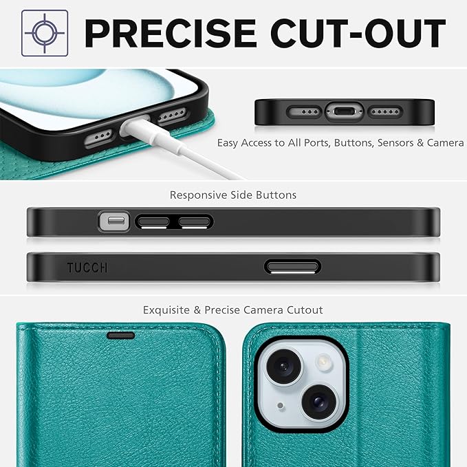 TUCCH Case Wallet for iPhone 15, [RFID Blocking] PU Leather Stand Folio Cover with 4 Card Slots [TPU Protective Interior Shell], Magnetic Flip Case Compatible with iPhone 15 5G 6.1-inch 2023, Cyan