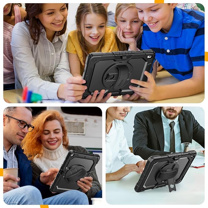 Timecity Case for iPad 9th/ 8th/ 7th Generation 10.2 inch - Heavy Duty Protective Cover with Screen Protector, Rotating Stand, Shoulder Strap & Pencil Holder | Kids-Friendly (Black)