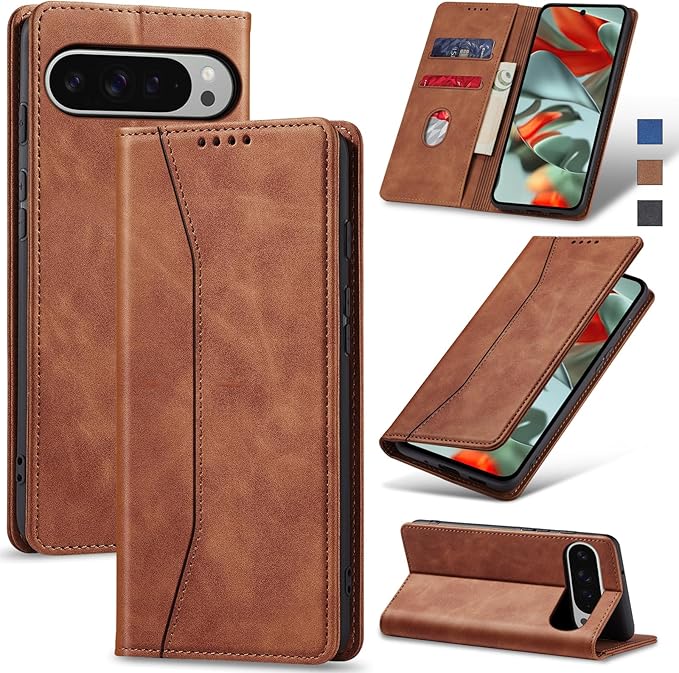 Jasonyu Flip Wallet Case for Google Pixel 9 Pro XL,Leather Magnetic Folio Cover with Card Holder,Kickstand - TPU Shockproof Durable Protective Phone Case,Brown