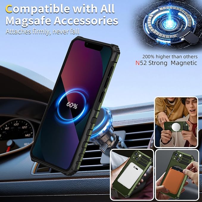 for iPhone 13 Case Magnetic Compatible with MagSafe Wireless Charging,with 2 Screen Protectors,Built-in Kickstand Ring,Shockproof Shock-Absorbent Scratch Resistant Heavy Duty Protection Green