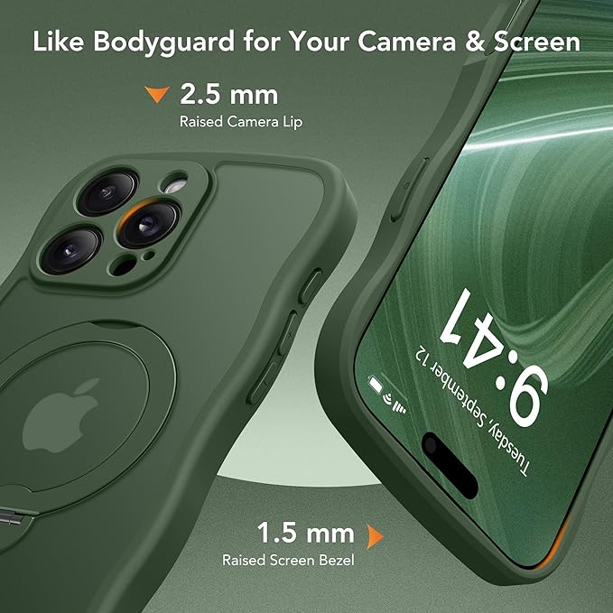 GolbinBox for iPhone 16 Pro Case for Women,[Compatible with Magsafe][360° Spin Magnetic Stand][Cute Wave Edge][Military-Grade Protection] Translucent Matte Phone Case for iPhone 16 Pro, Green