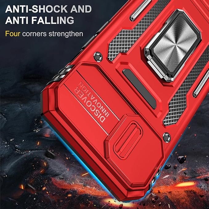 Phone Case for iPhone 14 Plus Case with Finger Ring Holder Stand, with Slide Camera Cover, fit Magnetic Car Mount, for iPhone 14 Plus (Red)