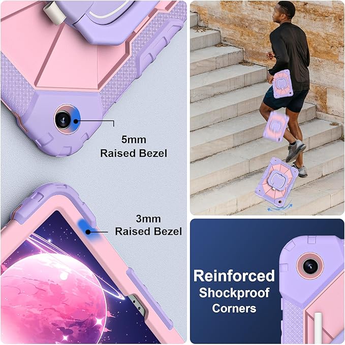 for Galaxy Tab A9 Plus Case 11 Inch, Rugged Case for Samsung Galaxy A9+ Tablet with Screen Protector 360 Rotating Stand Shoulder Strap Pen Holder, 2023 Model(SM-X210/X216/218), Purple Rose