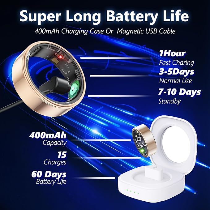 Smart Health Ring for Women Men Fitness Tracker with Heart Rate, Blood Oxygen, Blood Pressure, Sleep Monitoring, Step Counting, IP68 Waterproof for iPhone and Android, No APP Fee, Gold 6